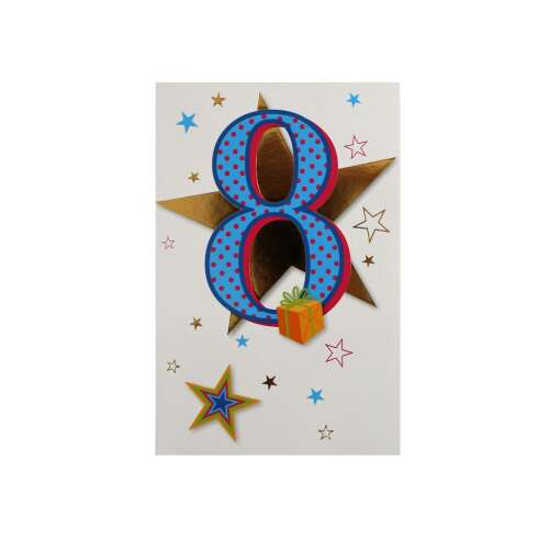8th birthday card with blue and red polka dot number 8, gold stars, and a small gift box