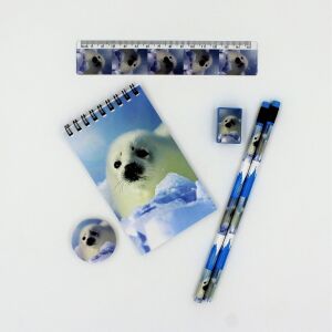 Wild Foca Stationery Set - 6 pieces, featuring a seal design: notebook, pencils, ruler, sharpener, and eraser - Writing Tool Set