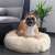 French bulldog dog standing in a Springos 60cm round cream pet bed in a living room setting