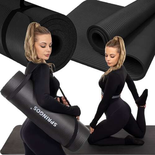 Springos exercise mat collage showing the mat in use and rolled up with a carrying strap