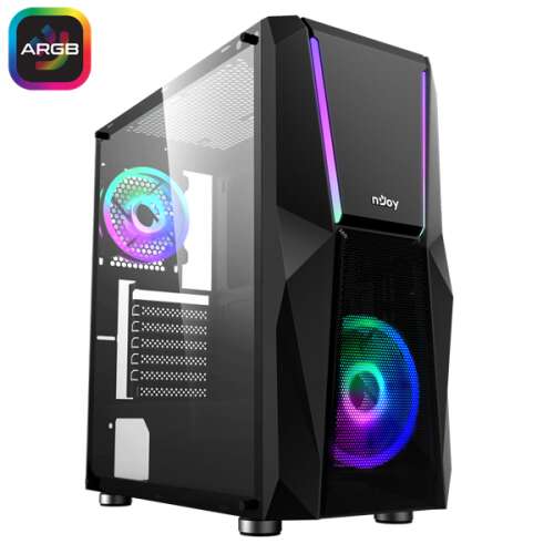 Carcasă PC NJOY FORT neagră ATX cu panou lateral din sticlă călită și iluminare ARGB