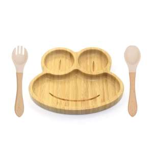 Elite Home® farfurie din bambus în formă de broască cu bază de ventuză, set de tacâmuri pentru copii cu lingură și furculiță din silicon, set de 3