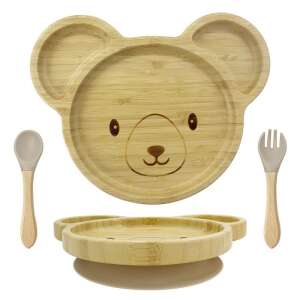 Elite Home® bambusový tanier v tvare medvedíka s prísavkou, detský príbor so silikónovou lyžičkou a vidličkou, sada 3 kusov 90774676 Kŕmenie malých detí