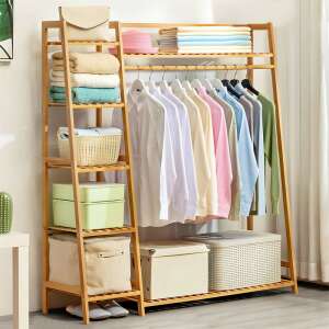 Bamboo garment rack with shoe shelf, BM02-130-1, 140x130x40 cm, clothes storage, clothes organizer, bedroom storage, space saving - Clothing Rack