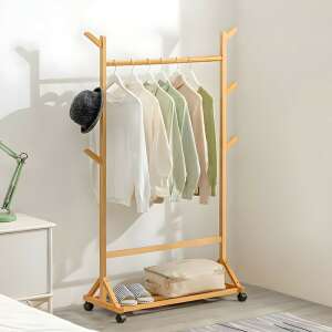 Bamboo clothes rack with shoe shelf and wheels, BM04-80 - Clothing Rack