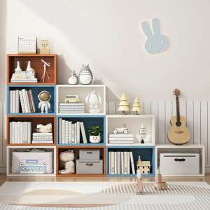 10-piece modular bookshelf, 45x17x30cm, PR02, in a kids room setting with books, toys, and a guitar - Bookshelve & standing shelve