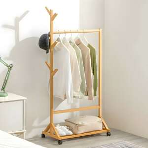Bamboo garment rack with shoe shelf and wheels, BM03-80 - Clothing Rack