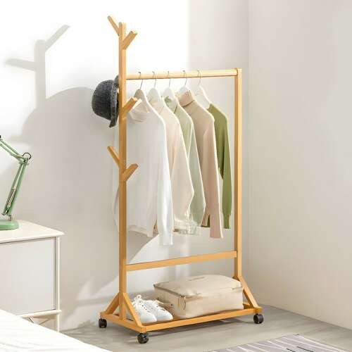 Bamboo garment rack with shoe shelf and wheels, BM03-80