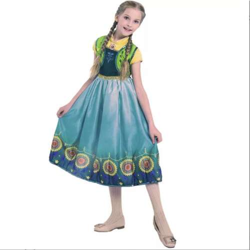 Anna jelmez lányoknak, S méret, 90-110cm, zöld mellény, kék ruha napraforgókkal, Anna Farsangi Jelmez