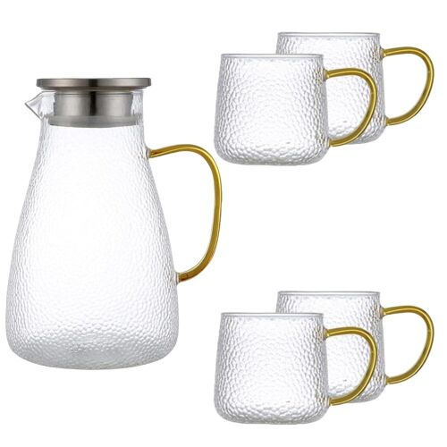 Quasar & Co. 4-cup glass tea set, includes teapot and four matching cups, gold handles