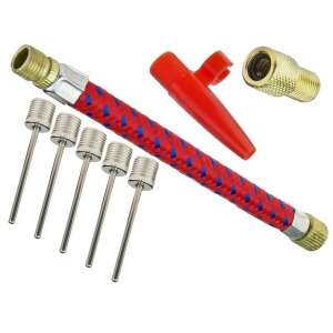Air compressor accessory kit, 8 pieces, red/gold, includes needles, hose, and adapters - Compressor Accessory