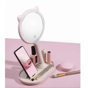 Ružové LED zrkadlo na líčenie s 5x zväčšením, držiakom na telefón a držiakom na kozmetické štetce - Kozmetické zrkadlá