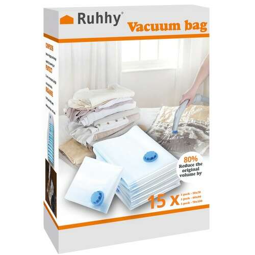 Ruhiy Vákuumos zsákok 15 db-os csomag, vákuumos tárolózsákok ruhákhoz, takarókhoz és más dolgokhoz, helytakarékos, 80%-kal csökkenti a térfogatot