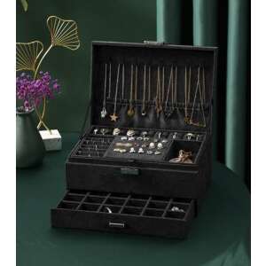 Exkluzív fekete velúr ékszerdoboz - Stílusos ékszertárolás , Valentin napra kitűnő ajándék!