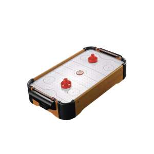 Tabletop air hockey game for kids, featuring a wooden table with a white playing surface, red pucks, and black goal posts - Air hockey table