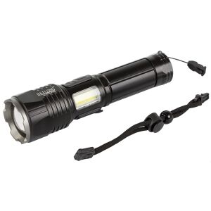 Bailong P19 tactical flashlight with wrist strap, angled view - Flashlight & Headlamp