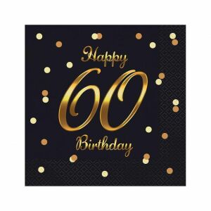 Servietten B&C Happy 60 Birthaday schwarz mit goldenem Aufdruck 33x33cm/20 137984362 - Servietten