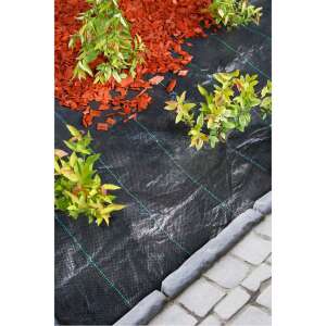Nature black weed control ground cover in use, with decorative bark mulch and plants - Landscaping
