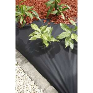 Nature 6030220 black weed barrier fabric, 1 x 20 m, in use in a garden setting - Weed barrier fabric
