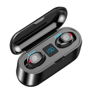 Black wireless earbuds with charging case, digital display, and touch controls - Headphone and Bluetooth Speaker