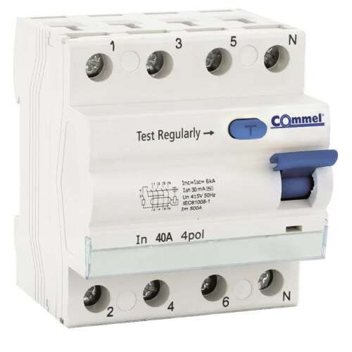 Commel RCCB 25A 2P 0.03A Wyłącznik różnicowoprądowy, 4-biegunowy, 40A, Montaż na szynie DIN, Przycisk testowy, Biały
