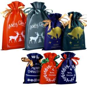Set of 8 Christmas gift bags, reusable, non-woven fabric, with different designs, including reindeer, bells, holly, and stars, perfect for wrapping gifts - Gift wrapping