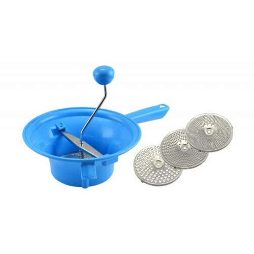 Kék színű ételpasszírozó 3 cserélhető rozsdamentes acél koronggal