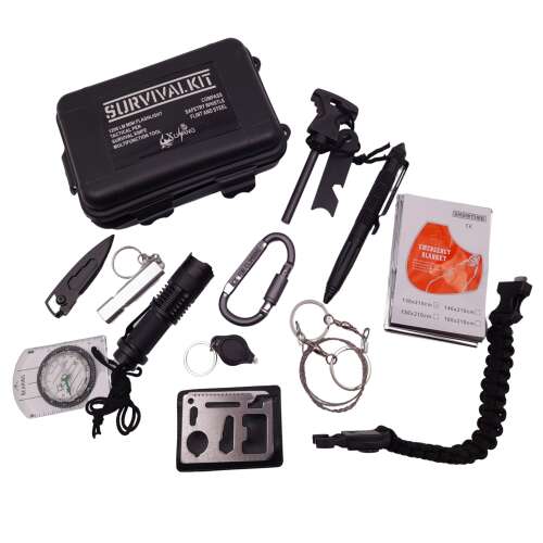 IdeallStore® Survival Kit, Self Saviour, 12 multifunktionale Elemente, Schwarz