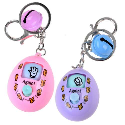 Pink and purple "Rock, Paper, Scissors!" keychain game