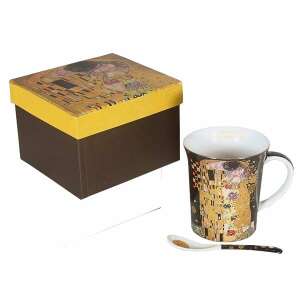 Klimt A csók porcelán bögre kanállal, 350 ml, fekete háttérrel - Klimt