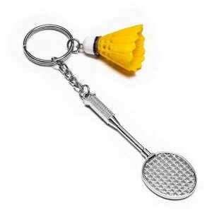 Tollasütő és tollaslabda kulcstartó, ezüst és sárga színben, 8,5 cm hosszú - Ajándék kulcstartó