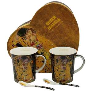 Klimt A csók porcelán bögre szett kanállal, 2 bögre, 300 ml, fekete, szív alakú díszdobozos - Klimt