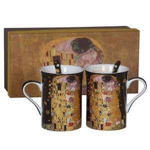 Klimt A csók porcelán bögre szett kanállal, 2 darabos, fekete hátterű - Klimt