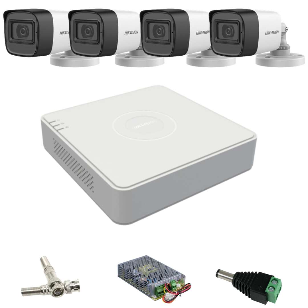 Sistem CCTV Hikvision cu 4 camere de 2 megapixeli, obiectiv 2,8 mm, infraroșu 30m, microfon, DVR 4 canale 4MP Lite™, accesorii
