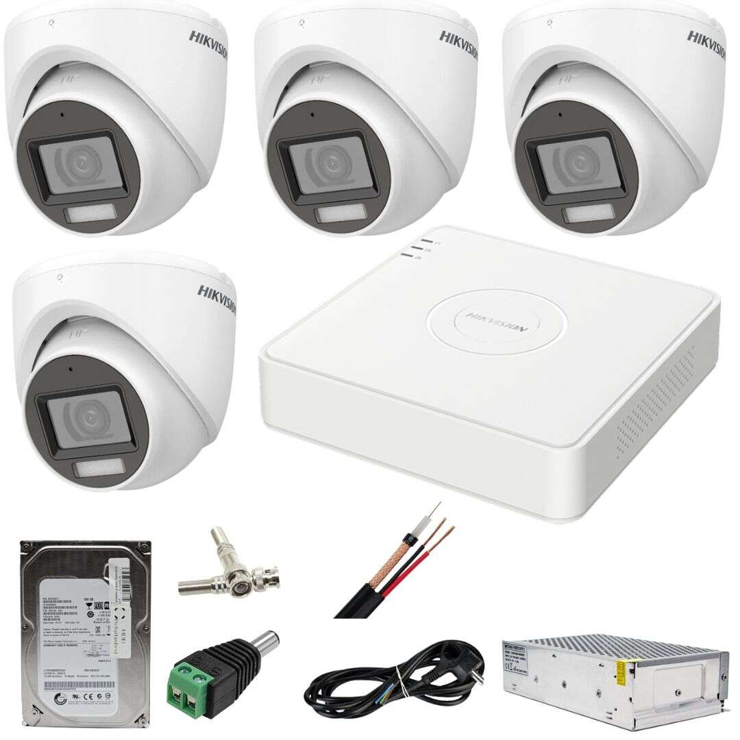 Sistem CCTV: Hikvision, 4 camere: 2MP, Dual Light, WL, 20M, IR, 30M, DVR, 4MP, AcuSense, cu accesorii incluse, HDD 500GB