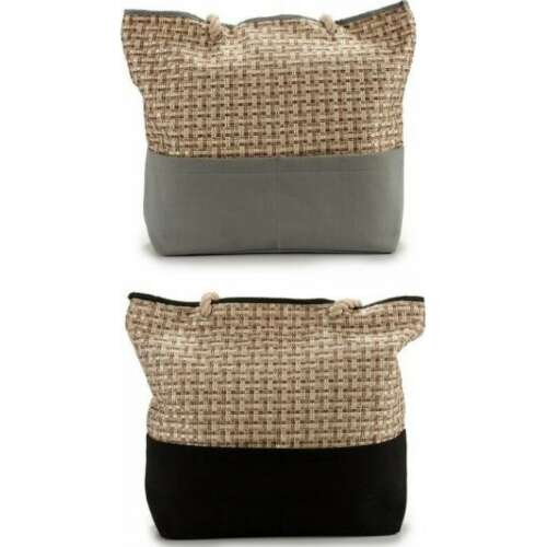 Strandtáska, nagy kapacitású, 14x40x50cm, bézs és barna fonott mintázat, szürke és fekete alsó rész, két fogantyú