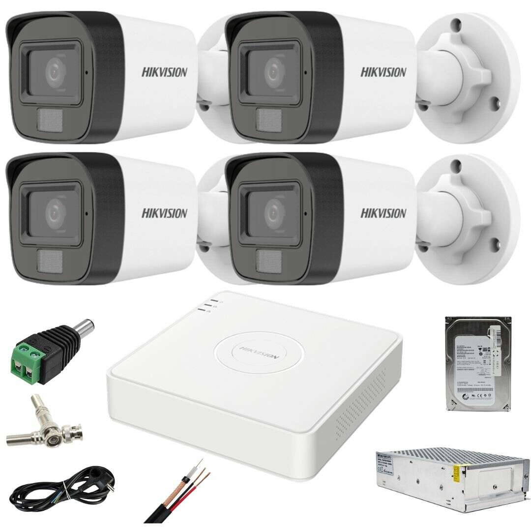 Sistem CCTV: Hikvision, 4 camere: 2MP, Dual Light, WL, 20m, IR, 25m, DVR, 4MP, AcuSense, cu accesorii incluse, 500GB HDD