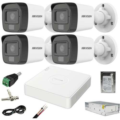 Sistem CCTV Hikvision cu 4 canale, 4 camere 2MP, lumină dublă, 25m IR, 20m WL, DVR 4MP, AcuSense, HDD 500GB și accesorii