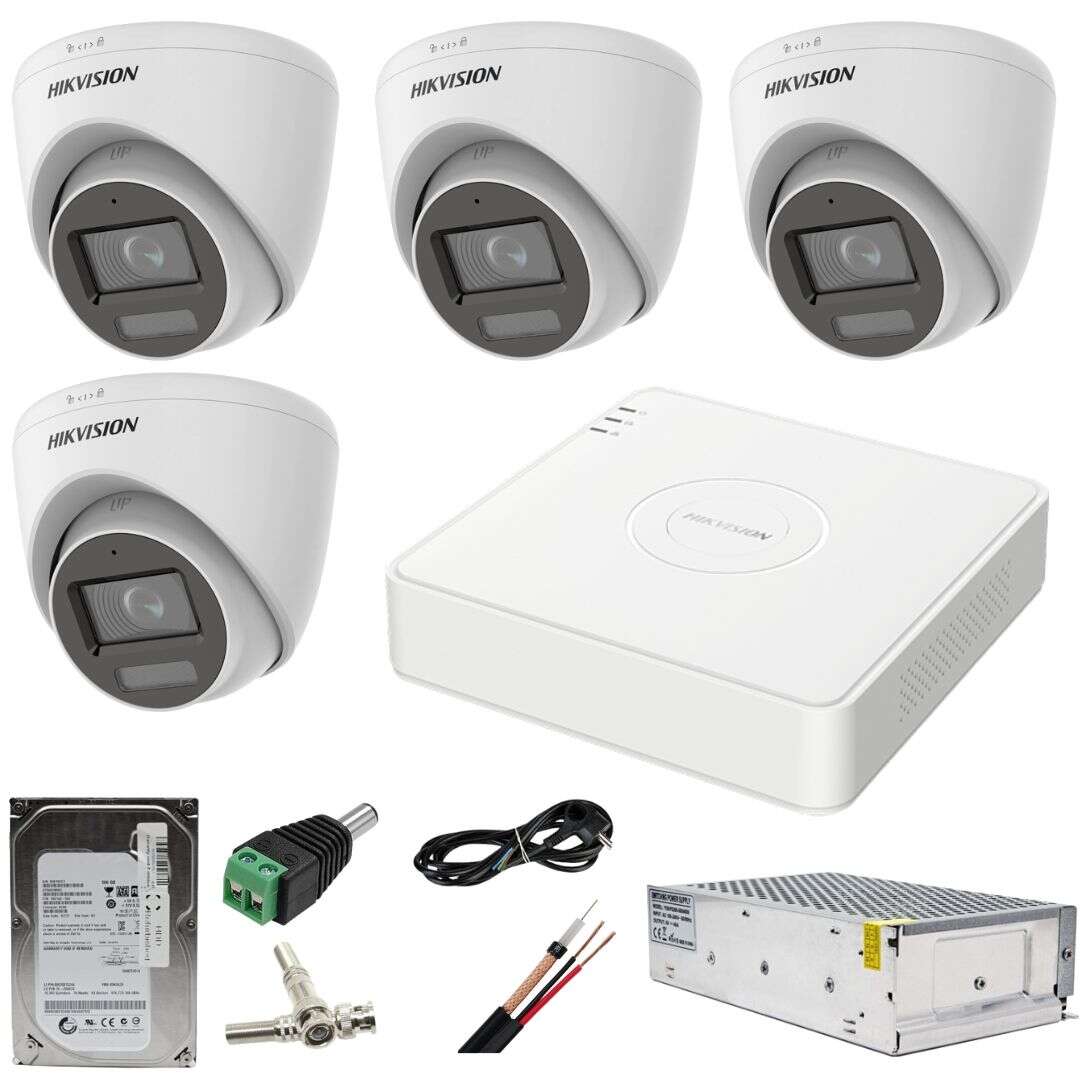 Sistem CCTV: Hikvision, 4 camere, 5MP Dual Light WL, 20m IR, 20m DVR, 4MP AcuSense, cu accesorii incluse, 500GB HDD