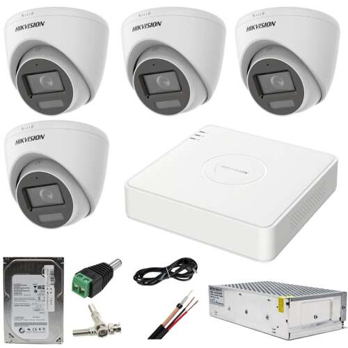 Sistem CCTV Hikvision cu 4 camere 5MP Dual Light, 20m IR, 20m DVR, 4MP AcuSense și accesorii