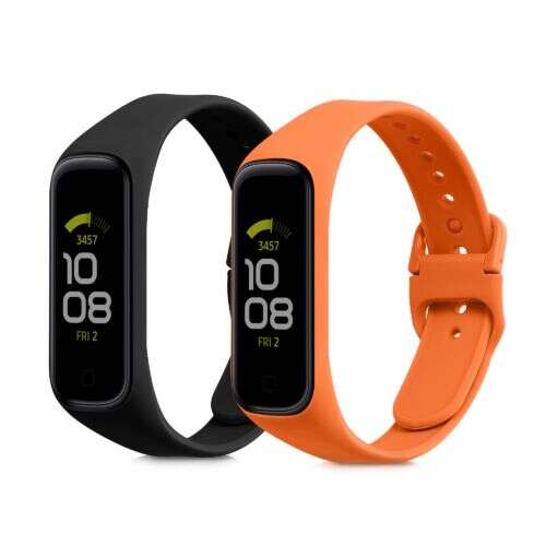 2 pack Samsung Galaxy Fit 2 replacement watch bands, black and orange silicone