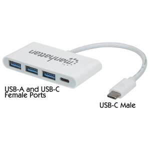Manhattan USB HUB, Type-C-ről  3db USB 3.0-ra+1db USB Type-C, Power Delivery, Fehér 90855331 