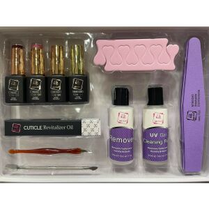 Meteor Gél lakk kezdőkészlet, 12 darabos, tartalmaz fedőlakkot, alaplakkot, színes gél lakkokat, kutikula olajat és köröm eszközöket - Műkörmös szett