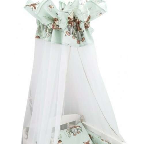 Let's Go! Menta babaágy baldachin, 400x170 cm, zöld erdei állatok mintával, a kiságy felett