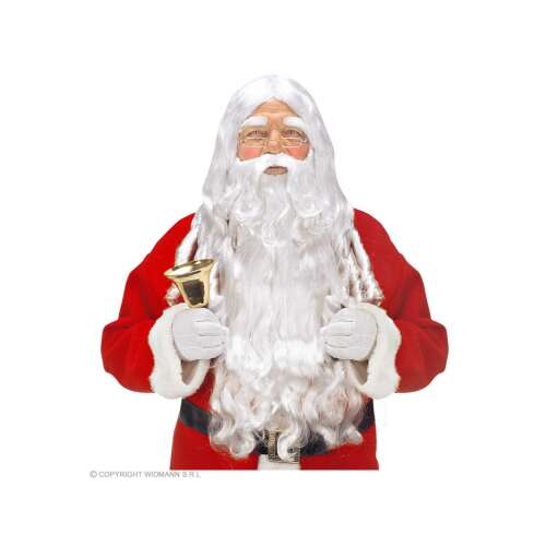 Mikulás paróka és szakáll szett bajusszal és szemöldökkel, fehér, hosszú, göndör, felnőtt méret