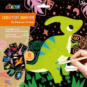 Avenir Scratch Junior My Dinosaur Friends scratch art set with 8 sheets, featuring a green dinosaur on the front and a variety of other dinosaurs on the back - Avenir Kids Scratch art
