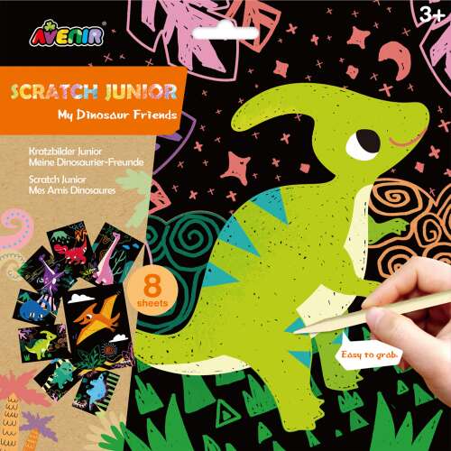 Set de artă Avenir Scratch Junior Prietenii mei dinozauri, 8 foi, cu un dinozaur verde pe față și o varietate de alți dinozauri pe spate