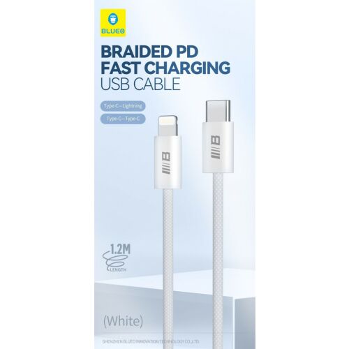 Blueo fonott PD USB-C - USB-C kábel, 100W gyorstöltés, fehér, 1.2M
