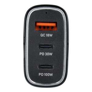 Čierna auto nabíjačka s 3 portami: 1 USB QC 18W a 2 Type-C PD 30W a 100W - Nabíjačky do auta