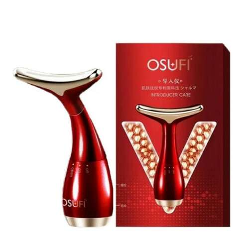 Piros elektromos arcmasszírozó arany díszítéssel, nyakra és arcra, Osufi márkájú